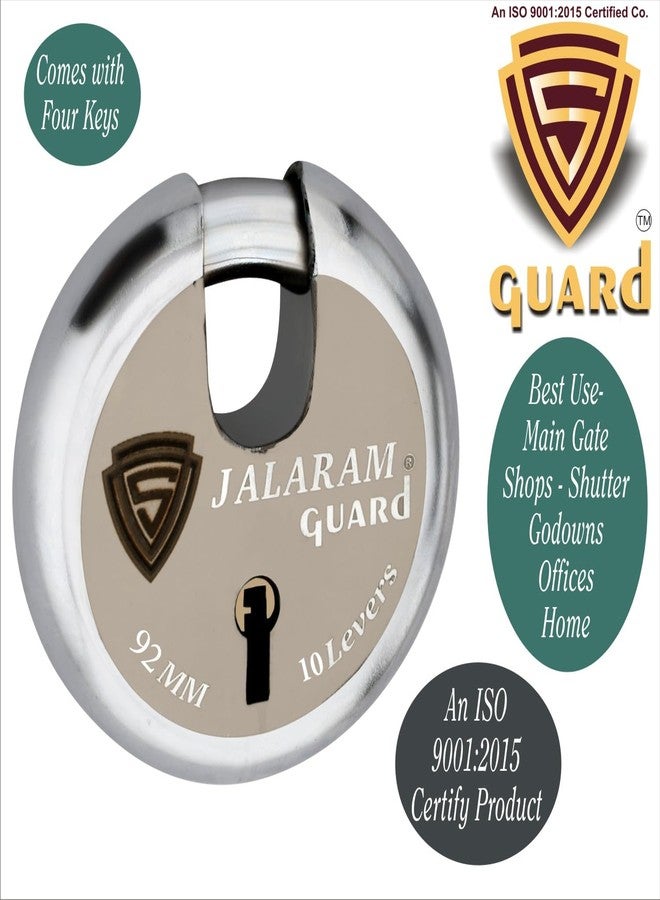 S-GUARD Heavy Duty Shutter Locks for Shop|, Main Gate| Main Door| Godowns| Offices| Warehouse| Trucks- Silver,Laser Print Design (JALARAM-92MM-10 Lever) - Image 2